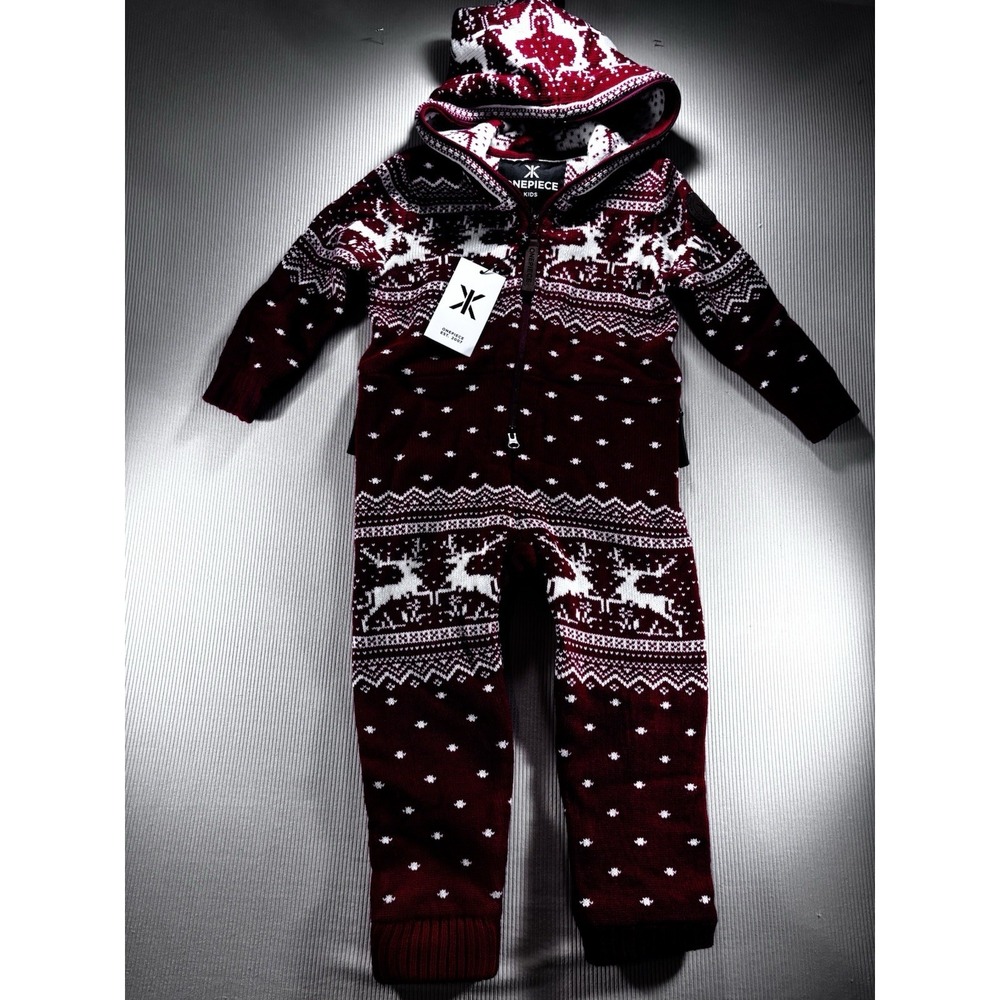 One piece Red Kids Knitted Hooded‎ Zip Jumpsuit Reindeer Cozy Warm 5/6